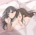  armpits azuko_(ampenm) bangs bed bed_sheet black_eyes black_hair blush brown_hair camisole closed_eyes eyebrows_visible_through_hair grey_eyes idolmaster idolmaster_cinderella_girls kiss kobayakawa_sae long_hair lying messy_hair mizumoto_yukari multiple_girls on_bed on_side shoulder_kiss spaghetti_strap strap strap_slip yuri 