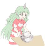  :d bare_arms buttons cloud_print collar collared_shirt commentary_request curly_hair demon_core green_eyes green_hair horn kariyushi_shirt komano_aun long_hair nibi nuclear_weapon open_mouth red_shirt screwdriver shirt short_sleeves shorts smile solo table thick_eyebrows touhou white_shorts 