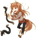  animal_ears anklet ayakura_juu black_pants brown_footwear brown_hair eel eyebrows_visible_through_hair fish floating_hair full_body grey_shirt holo jewelry leg_up long_hair lowres non-web_source novel_illustration official_art open_mouth pants red_eyes shirt shoes simple_background solo spice_and_wolf tail white_background wolf_ears wolf_girl wolf_tail 