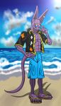  2018 5_toes abs beach beerus claws clothing deity dragon_ball dragon_ball_super feline male mammal pecs purple_skin seaside sunshine toes zgrooz 