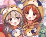  :d akabane_(zebrasmise) animal_costume bandages bandaid bangs bear_costume blurry blurry_background boko_(girls_und_panzer) brown_eyes brown_hair commentary_request depth_of_field eyebrows_visible_through_hair girls_und_panzer holding holding_stuffed_animal light_brown_eyes light_brown_hair long_hair looking_at_viewer multiple_girls nishizumi_miho open_mouth shimada_arisu short_hair side-by-side smile standing stuffed_animal stuffed_toy teddy_bear upper_body 