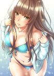  amagami bikini blue_bikini breasts brown_eyes brown_hair collarbone highres jacket kamizaki_risa long_hair looking_at_viewer medium_breasts navel parted_lips shouji_nigou solo swimsuit 