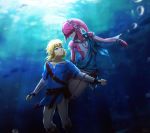  1girl air_bubble aqua_eyes blonde_hair bubble commentary couple day english_commentary esther eye_contact fantasy hetero link looking_at_another mipha pointy_ears self_upload sunlight the_legend_of_zelda the_legend_of_zelda:_breath_of_the_wild underwater 