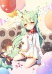  absurdres ahoge akashi_(azur_lane) animal_ears azur_lane balloon black_bow blush bow braid cat_ears eyebrows_visible_through_hair green_hair hair_bow hair_ornament hairclip head_tilt highres kneehighs long_hair long_sleeves looking_at_viewer parted_lips seiza sitting sleeves_past_wrists solo tp_(kido_94) very_long_hair white_legwear yellow_eyes 