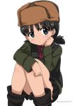  bangs black_footwear black_skirt black_vest blue_eyes blush boots brown_hair brown_hat clenched_hand commentary dark_skin fur_hat girls_und_panzer green_jacket hand_on_own_face hat jacket leg_hug long_sleeves looking_at_viewer military military_uniform miniskirt nina_(girls_und_panzer) parted_lips pleated_skirt pravda_military_uniform red_shirt shibagami shirt short_hair short_twintails simple_background sitting skirt solo turtleneck twintails twitter_username uniform ushanka vest white_background 