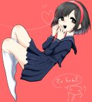  black_eyes black_hair bob_cut character_name eyelashes hand_on_own_face harigane9 highres knee_up kneehighs mole mole_under_eye navy_blue_serafuku open_mouth pink_background red_background sayo-chan school_uniform serafuku short_hair simple_background smile solo suada thighs virtual_youtuber white_legwear 