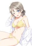  ;d blue_eyes bra breasts brown_hair cleavage commentary_request eyebrows_visible_through_hair hand_up highres love_live! love_live!_sunshine!! medium_breasts navel off_shoulder one_eye_closed open_clothes open_mouth open_shirt panties rozen5 short_hair simple_background sitting smile solo strap_slip tears underwear watanabe_you white_background yellow_bra yellow_panties 
