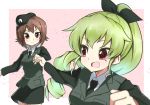  alternate_costume alternate_hairstyle anchovy bangs beret black_hat black_jacket black_neckwear black_ribbon black_skirt blurry blurry_background blurry_foreground brown_eyes brown_hair closed_mouth commentary_request depth_of_field dress_shirt drill_hair emblem eyebrows_visible_through_hair girls_und_panzer green_hair hair_ribbon hat highres holding_hands jacket japanese_tankery_league_(emblem) light_frown long_hair long_sleeves looking_at_another looking_back military military_hat military_uniform miniskirt multiple_girls necktie nishizumi_maho older open_mouth outside_border pencil_skirt pink_background ponytail red_eyes ribbon running selection_university_military_uniform shirt short_hair skirt smile standing toon_(noin) uniform v-shaped_eyebrows white_shirt wing_collar 