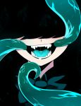  :d absurdres black_hair bow bowtie commentary covered_eyes english_commentary facing_viewer fangs green_neckwear grin hair_over_eyes highres lucia_(reddgeist) monster_girl open_mouth original reddgeist saliva sharp_teeth smile solo teeth tentacles tongue 
