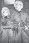  1girl aram_(spice_and_wolf) ayakura_juu brother_and_sister capelet gloves greyscale hair_ornament hair_tubes hairclip holding holding_sheath holding_sword holding_weapon long_hair looking_at_viewer monochrome mud novel_illustration official_art outdoors ponytail road selim_(spice_and_wolf) sheath siblings sparkle spice_and_wolf standing street sword unsheathing weapon 