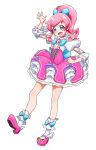 bangs blue_bow bow bowtie dress dress_bow frills hair_bow kiratto_pri_chan looking_at_viewer momoyama_mirai official_art pink_dress pink_footwear pink_hair ponytail pretty_(series) purple_eyes shoes sock_bow white_background white_legwear winged_shoes wings 