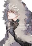  absurdres copyright_name earrings fang fate/grand_order fate_(series) fur_trim highres irorigumi jacket jewelry kadoc_zemlupus looking_at_viewer male_focus neck_piercing pale_skin simple_background solo upper_body white_background white_hair yellow_eyes 