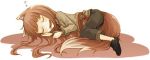 animal_ears ayakura_juu black_footwear brown_hair brown_pants brown_shirt closed_eyes drooling eyebrows_visible_through_hair fang full_body holo long_hair lowres lying non-web_source novel_illustration official_art on_side open_mouth pants shirt shoes simple_background sleeping smile solo spice_and_wolf tail very_long_hair white_background wolf_ears wolf_girl wolf_tail 