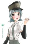  absurdres arare_(kantai_collection) arm_warmers black_hair breasts brown_eyes graphite_(medium) hat highres kantai_collection older open_mouth shirt short_hair short_sleeves skypixter small_breasts smile solo suspenders traditional_media upper_body white_shirt 