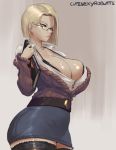  android_18 artist_name belt black_bra black_hair black_panties blonde_hair blue_eyes book bra breasts cleavage cutesexyrobutts dragon_ball dragon_ball_z glasses highres huge_breasts lace lace_legwear lips long_hair open_clothes open_shirt panties panty_peek signature skirt solo teacher thighhighs underwear 