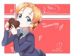  artist_name bangs black_bow black_neckwear blue_eyes blue_sweater bow braid chocolate closed_mouth commentary dress_shirt english eyebrows_visible_through_hair girls_und_panzer hair_bow happy_valentine heart highres holding long_sleeves looking_at_viewer necktie orange_hair orange_pekoe outside_border parted_bangs red_background school_uniform shirt short_hair signature smile solo st._gloriana's_school_uniform standing sweater thought_bubble tied_hair toon_(noin) twin_braids upper_body v-neck valentine white_shirt 