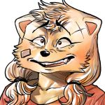  2017 anthro awkward bandage black_eyes black_nose canine cheek_tuft clothed clothing digital_media_(artwork) digital_painting_(artwork) dog fangs female fully_clothed fur hair head_tuft headshot_portrait hybrid jindo kemono kishu_inu korean looking_up mammal open_mouth pigtails portrait raised_eyebrows red_shirt ryonggay scar scrunched_face sharp_teeth shirt short_hair silly_face simple_background smile solo teeth toony tuft warm_colors white_background white_fur white_hair yong-sil_(ryonggay) 
