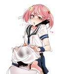  1girl admiral_(kantai_collection) bell bitchcraft123 cellphone commentary cunnilingus drooling hair_bell hair_bobbles hair_ornament hetero kantai_collection oral phone pink_eyes pink_hair sazanami_(kantai_collection) short_hair skirt skirt_lift twintails 