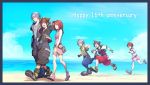  2boys beach blue_eyes brown_hair cloud commentary_request day gogo_(detteiu_de) green_eyes hood hooded_jacket jacket kairi_(kingdom_hearts) kingdom_hearts kingdom_hearts_ii kingdom_hearts_iii long_hair medium_hair multiple_boys ocean red_hair riku sand short_hair silver_hair sky sora_(kingdom_hearts) 