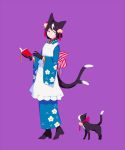 animal animal_ears apron bangs black_footwear black_gloves black_hair blue_eyes blue_kimono book boots bow cat cat_ears cat_girl cat_tail floral_print gloves hair_ornament high_heel_boots high_heels holding holding_book japanese_clothes kimono long_sleeves maeya_susumu maid_apron multicolored_hair multiple_tails nekomata open_book original print_kimono purple_background red_ribbon ribbon simple_background solo standing striped striped_bow tail two-tone_hair two_tails wa_maid white_apron white_hair wide_sleeves 