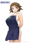  apron blue_eyes blush breasts brown_hair character_name collarbone cowboy_shot earrings gundam gundam_build_divers hand_on_own_chest haro highres jewelry large_breasts naked_apron nanase_nanami_(gundam_build_divers) short_hair shoumaru_(gadget_box) sideboob simple_background smile solo twitter_username white_background 