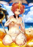  armlet bandaged_arm bandaged_leg bandages beach beach_umbrella blue_eyes blush breasts cosplay day detached_sleeves double_bun fate/apocrypha fate/grand_order fate_(series) frankenstein's_monster_(fate) frankenstein's_monster_(swimsuit_saber)_(fate) hair_ornament hairclip highres horn medjed medjed_(cosplay) navel nero_claudius_(fate)_(all) nero_claudius_(swimsuit_caster)_(fate) nipples nitocris_(fate/grand_order) nitocris_(swimsuit_assassin)_(fate) orange_hair ribbon short_hair single_detached_sleeve sitting small_breasts solo_focus umbrella wei_yu yellow_eyes 