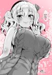  1girl 2018 alternate_costume aran_sweater bangs bare_shoulders beret blush bouncing_breasts breasts closed_mouth eyebrows_visible_through_hair finger_to_mouth from_below hair_ribbon hard_translated hat heart index_finger_raised kantai_collection kashima_(kantai_collection) kojima_saya large_breasts lips looking_at_viewer looking_down meme_attire monochrome motion_lines petals pink_background ribbed_sweater ribbon short_hair short_twintails shushing sideboob signature sleeveless smile solo speech_bubble sweater translated twintails upper_body virgin_killer_sweater wavy_hair 