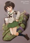  armband bangs bird black_eyes black_hair black_legwear black_neckwear blouse blunt_bangs bob_cut brown_footwear char_b1 character_name clipboard commentary_request copyright_name duck dutch_angle emblem frown full_body girls_und_panzer green_skirt grey_background ground_vehicle hand_on_hip holding kneehighs loafers long_sleeves looking_at_viewer military military_vehicle miniskirt motor_vehicle neckerchief ooarai_(emblem) ooarai_school_uniform open_mouth pleated_skirt satomura_kyou school_uniform serafuku shoes short_hair skirt solo sono_midoriko standing standing_on_one_leg tank white_blouse 