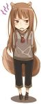  animal_ears arms_behind_back ayakura_juu black_pants brown_eyes brown_footwear brown_hair full_body holo long_hair looking_away lowres non-web_source novel_illustration official_art pants shadow shoes simple_background solo spice_and_wolf standing tail very_long_hair white_background wolf_ears wolf_girl wolf_tail 