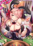 ;) akkijin animal_ears arm_support bangs bare_shoulders black_bow black_gloves black_hairband black_legwear black_neckwear blush bow bowtie braid breasts bunny_ears bunny_girl bunny_tail bunnysuit card_(medium) carrot carrot_hair_ornament casino cleavage closed_mouth detached_collar eyebrows_visible_through_hair fake_animal_ears fake_tail falling fishnets food_themed_hair_ornament fortuna_(shinkai_no_valkyrie) frilled_legwear frilled_leotard frills from_above gloves hair_between_eyes hair_ornament hairband hand_up head_tilt index_finger_raised indoors lace large_breasts leaning_forward legs_together leotard light_smile long_hair long_ponytail looking_at_viewer number official_art one_eye_closed pink_hair poker_chip ponytail red_bow red_neckwear roulette roulette_table shinkai_no_valkyrie sideboob sidelocks smile solo sparkle standing straight_hair strapless strapless_leotard tail thighhighs very_long_hair waist_cape wrist_cuffs yellow_eyes 