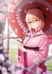  absurdres ahoge bad_id bad_pixiv_id black_ribbon blonde_hair blurry_foreground blush branch cherry_blossoms cowboy_shot eyebrows_visible_through_hair fate/grand_order fate_(series) flower furan_(pixiv20237436) hair_between_eyes hair_ribbon highres holding holding_umbrella japanese_clothes kimono long_sleeves looking_at_viewer okita_souji_(fate) okita_souji_(fate)_(all) oriental_umbrella petals pink_kimono ribbon short_hair smile solo umbrella wide_sleeves yellow_eyes 