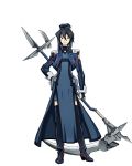  black_eyes black_footwear black_gloves black_hair blue_dress boots dress fingerless_gloves full_body gloves hair_between_eyes hand_on_hip hat holding holding_weapon log_horizon looking_at_viewer mini_hat official_art round_table_concil_uniform scythe short_dress short_hair_with_long_locks sidelocks solo standing takayama_misa thigh_boots thighhighs transparent_background uniform weapon 