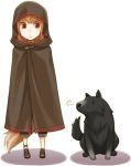  ayakura_juu black_pants brown_cape brown_footwear brown_hair cape dog enekk full_body holo hood hooded long_hair lowres non-web_source novel_illustration official_art pants red_eyes shoes simple_background solo spice_and_wolf standing tail white_background wolf_girl wolf_tail 