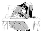  black_hair commentary_request drawing gochou_(atemonai_heya) greyscale long_hair monochrome original sitting sketch skirt stylus tablet 