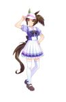  animal_ears brown_hair full_body green_eyes grin highres horse_ears horse_girl horse_tail ines_fujin looking_at_viewer official_art pleated_skirt school_uniform serafuku single_ear_cover skirt smile solo standing tail thighhighs transparent_background umamusume visor_cap white_legwear white_skirt zettai_ryouiki 