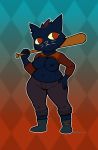  anthro areola baseball_bat blue_fur boots breasts cat clothed clothing clothing_lift dakkpasserida dark_fur feline female flashing footwear fur hand_on_hip holding_object mae_(nitw) mammal navel night_in_the_woods nipples pointy_ears red_eyes shirt shirt_lift short_stack simple_background slightly_chubby whiskers wide_hips yellow_sclera 