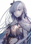  anastasia_(fate/grand_order) bangs blue_eyes choker eyebrows_visible_through_hair eyes_visible_through_hair fate/grand_order fate_(series) floating_hair grey_hairband hair_between_eyes hair_over_one_eye hairband highres holding_head jewelry long_hair looking_at_viewer necklace parted_lips rahato silver_hair simple_background solo upper_body very_long_hair white_background 