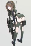 :d absurdres ass bangs battle_rifle belt blue_eyes boots braid breasts brown_hair chromatic_aberration commentary from_behind full_body grey_background gun headphones heckler_&amp;_koch highres hk417 holding holding_gun holding_weapon leaning_forward leotard looking_at_viewer looking_back mecha_musume mechanical_arm medium_hair oota_youjo open_mouth original rifle round_teeth scope simple_background small_breasts smile sniper_rifle solo standing teeth thigh_pouch thighhighs weapon 
