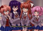  90s :d :o artist_name bangs black_legwear blazer blue_eyes blue_skirt blush bow bright_pupils brown_hair closed_mouth collared_shirt commentary cowboy_shot crossed_arms doki_doki_literature_club dot_nose english english_commentary eyebrows_visible_through_hair eyes fake_screenshot film_grain finger_to_mouth green_eyes grey_jacket hair_bow hair_intakes hair_ornament hair_ribbon hairclip hands_on_hips hands_up high_ponytail indoors jacket long_hair long_sleeves looking_at_viewer miniskirt monika_(doki_doki_literature_club) multiple_girls natsuki_(doki_doki_literature_club) neck_ribbon open_clothes open_jacket open_mouth parody parted_lips pikiru pink_eyes pink_hair pleated_skirt ponytail purple_eyes purple_hair red_bow red_neckwear red_ribbon ribbon sayori_(doki_doki_literature_club) school_uniform shiny shiny_hair shirt short_hair sidelocks skirt smile standing straight_hair style_parody subtitled sweater_vest tareme thighhighs twitter_username two_side_up v_arms very_long_hair vhs_artifacts watermark white_bow white_pupils white_shirt wing_collar yuri_(doki_doki_literature_club) zettai_ryouiki 