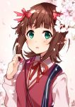  :o amami_haruka bad_id bad_pixiv_id bangs blunt_bangs blush bow brown_hair cable cherry_blossoms collared_shirt earbuds earphones earphones_removed eyebrows_visible_through_hair flower green_eyes hair_bow hair_ribbon holding holding_earphone idolmaster idolmaster_(classic) long_sleeves neck_ribbon omuretsu open_mouth parted_lips petals pink_flower red_bow red_neckwear red_ribbon red_vest ribbon school_uniform shirt short_hair sidelocks signature solo spring_(season) sweater_vest upper_body vest white_shirt wing_collar 