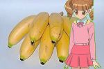  1girl absurdres banana brown_eyes brown_hair closed_mouth drill_hair female fruit highres long_hair looking_at_viewer onegai_my_melody pink_skirt scan shirt simple_background skirt solo twintails yumeno_uta 