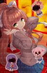  arare_mochiko bangs blood bloody_clothes blue_skirt blurry blurry_background blush bow brown_hair chibi chibi_inset classroom covered_eyes covered_face covered_mouth cowboy_shot day doki_doki_literature_club green_eyes grey_jacket grin hair_bow hair_intakes hands_on_own_face hands_up indoors jacket long_hair long_sleeves looking_at_viewer monika_(doki_doki_literature_club) multiple_girls natsuki_(doki_doki_literature_club) neck_ribbon open_mouth pleated_skirt ponytail red_neckwear red_ribbon ribbon sayori_(doki_doki_literature_club) school school_uniform shiny shiny_hair sidelocks skirt smile solo_focus spoilers stabbed standing suicide very_long_hair vest window yuri_(doki_doki_literature_club) 