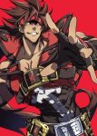  bare_shoulders belt black_gloves brown_hair english fingerless_gloves gloves grin guilty_gear guilty_gear_xrd headband highres looking_at_viewer male_focus muscle outstretched_arm red_background sanpaku shirt simple_background smile sol_badguy solo standing teeth upper_body westxost_(68monkey) yellow_eyes 