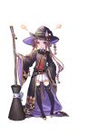  =3 animal_ears bangs belt black_belt black_hat black_legwear black_robe bow braid broom brown_hair ears_through_headwear full_body gloves hand_on_hip hat highres horse_ears horse_girl horse_tail long_hair looking_at_viewer official_art pleated_skirt pointing purple_eyes red_bow robe skirt solo sweep_tosho tail thighhighs transparent_background umamusume very_long_hair white_gloves white_skirt wide_sleeves witch witch_hat 