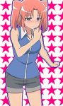  1girl annoyed closed_mouth embarrassed female mikakunin_de_shinkoukei pink_hair purple_eyes short_hair short_shorts simple_background solo starry_background tank_top twintails two_side_up yonomori_kobeni 
