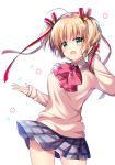  :d bangs blonde_hair blue_skirt bow brown_sweater collared_shirt commentary_request cowboy_shot eyebrows_visible_through_hair green_eyes hair_between_eyes hair_bow hair_ornament highres kamikita_komari little_busters! open_mouth plaid plaid_skirt pleated_skirt red_bow ringo_sui school_uniform shirt simple_background skirt smile solo star star_hair_ornament sweater two_side_up white_background white_shirt 