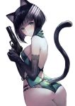  animal_ears ass bangs black_gloves black_hair blunt_bangs bob_cut bustier cat_ears cat_tail closed_mouth commentary_request cowboy_shot dutch_angle elbow_gloves eyebrows_visible_through_hair fang_out gloves green_eyes green_panties gun handgun highres looking_at_viewer original own_hands_together panties pistol short_hair simple_background solo tail tail_raised terai_(teraimorimori) underwear underwear_only weapon white_background 