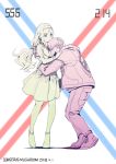  1girl absurdres artist_name boots bracelet closed_eyes closed_mouth darling_in_the_franxx dated eyebrows_visible_through_hair futoshi_(darling_in_the_franxx) gorgeous_mushroom hair_ornament hair_scrunchie high_heels highres hood hood_down hug jacket jewelry kokoro_(darling_in_the_franxx) limited_palette long_hair long_sleeves looking_at_another low_tied_hair necklace open_mouth pants scrunchie short_sleeves skirt smile 