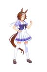  animal_ears bamboo_memory blue_eyes brown_hair clenched_hand full_body hand_on_hip headband highres horse_ears horse_girl horse_tail looking_at_viewer multicolored_hair official_art pleated_skirt school_uniform serafuku short_hair skirt smile solo standing tail thighhighs transparent_background two-tone_hair umamusume white_hair white_legwear white_skirt zettai_ryouiki 