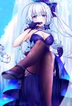  ahoge alternate_costume artist_name azur_lane bangs black_footwear black_legwear blue_dress blue_eyes blue_gloves blue_sky blush bow breasts character_name choker cleavage cloud commentary_request covered_mouth crossed_legs cup dress dress_shoes elbow_gloves eyebrows_visible_through_hair flower from_below gloves hair_bow hair_ornament hair_ribbon hand_to_own_mouth high_heels high_ponytail highres holding_saucer illustrious_(azur_lane) lace-trimmed_legwear large_breasts legs long_hair looking_at_viewer mole mole_under_eye ribbon side_ponytail sidelocks sitting sky sleeveless sleeveless_dress solo table teacup teapot thighhighs thighs tress_ribbon white_hair yumeno_s 